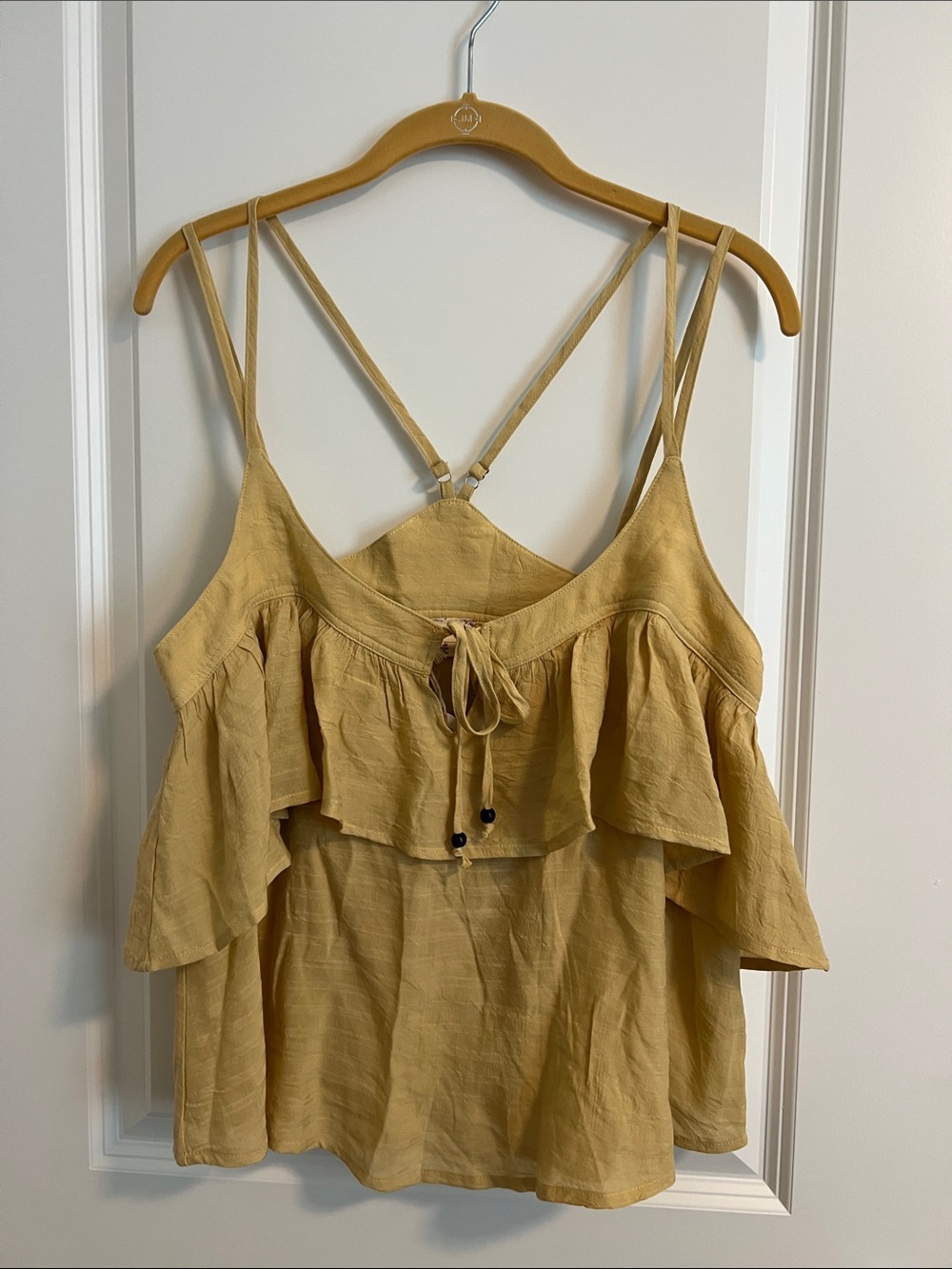 Hem & Thread Women’s Medium Mustard Yellow Cold Shoulder Ruffle Boho Top